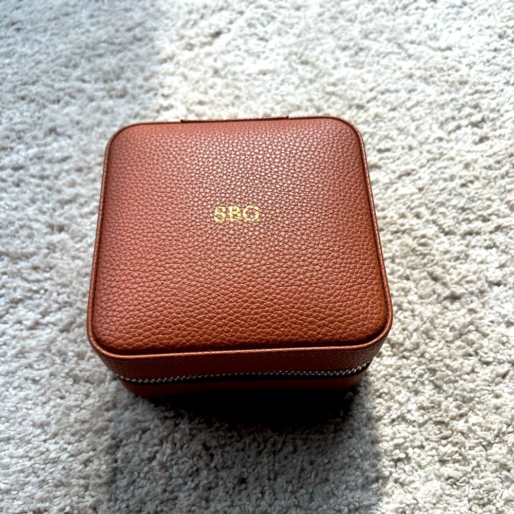 New Mark & Graham small travel jewelry case in camel monogrammed